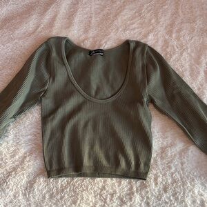 Zara Ribbed Scoop Neck Long Sleeve Crop Top - Olive Green